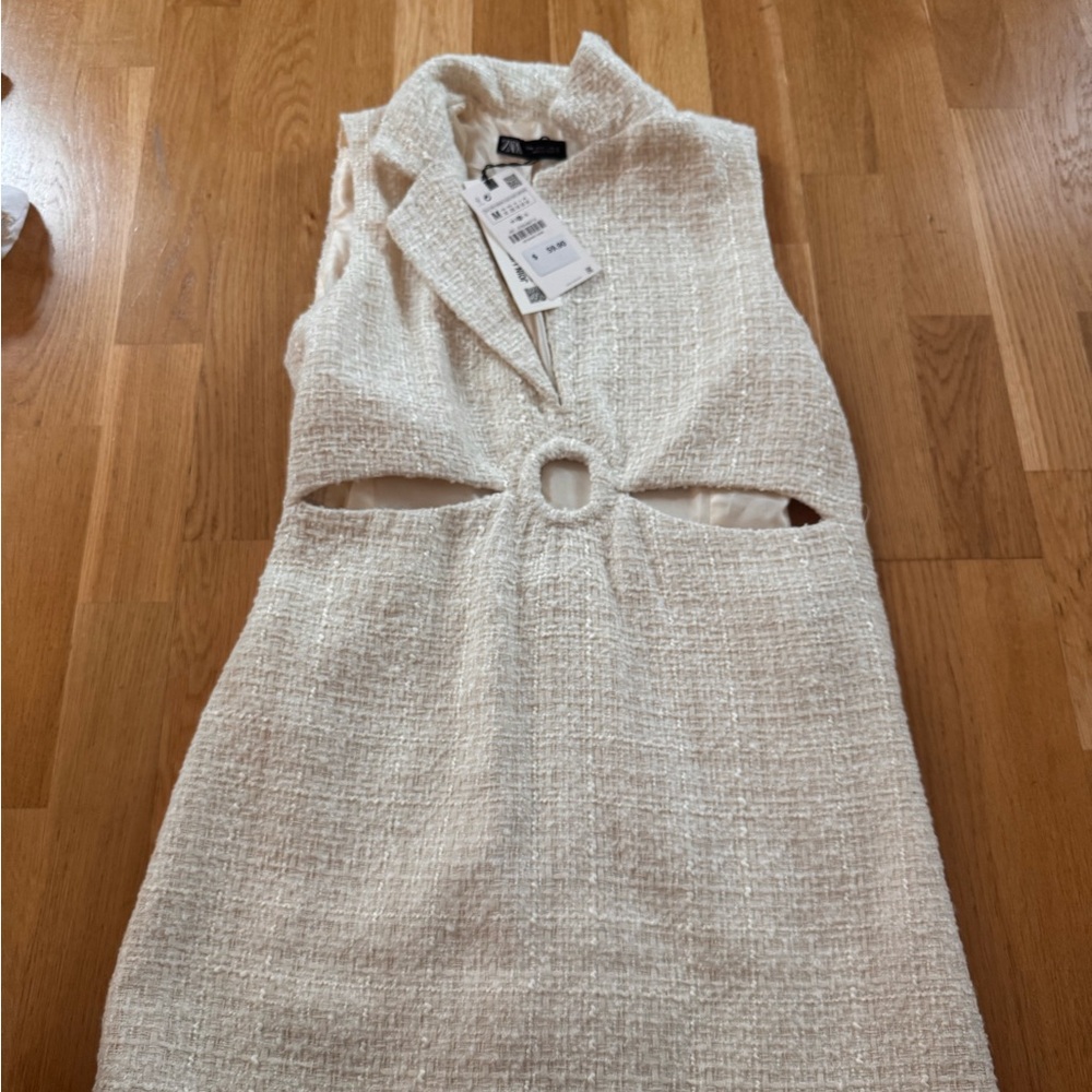 Zara Elegant Cream Tweed cut out Dress